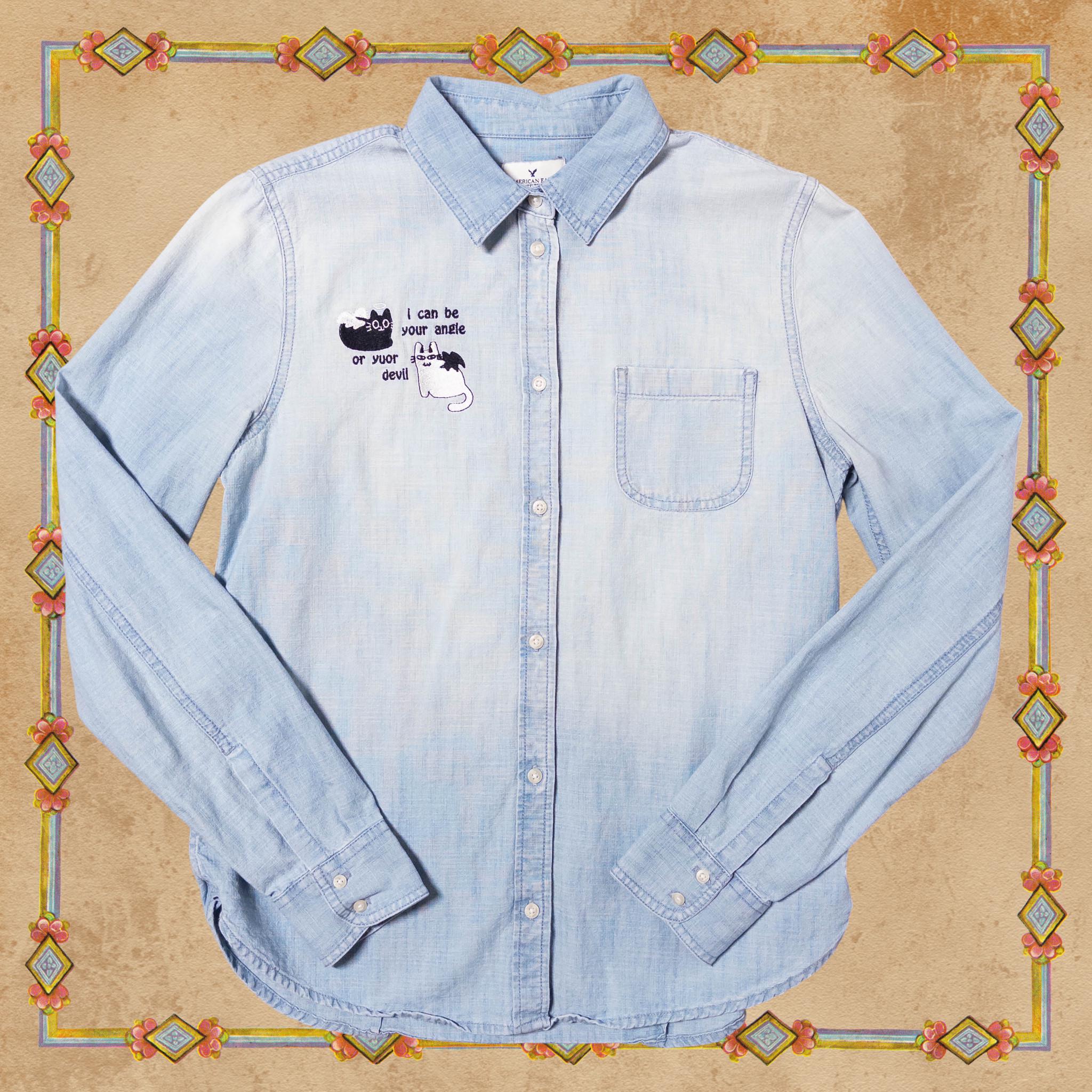 Angel or Devil Cat Denim Shirt