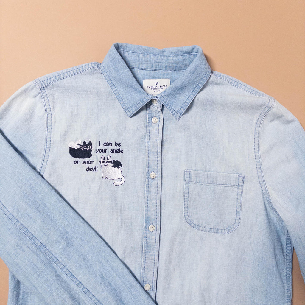 Angel or Devil Cat Denim Shirt