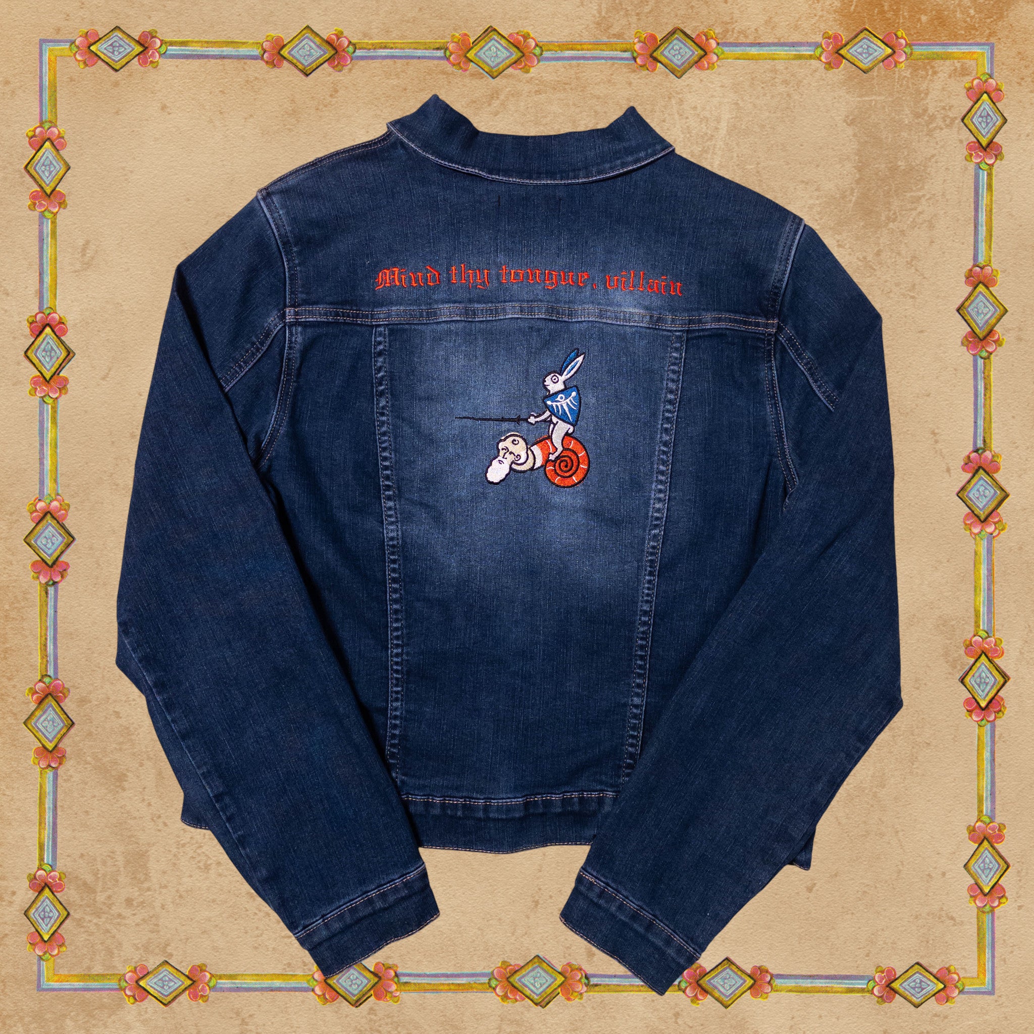 Medieval Rabbit Riding Snail Creature Upcycled Jean Jacket