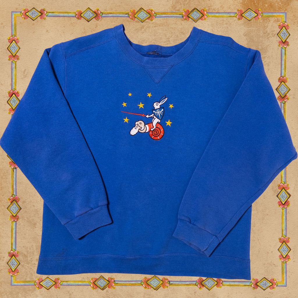 Medieval Rabbit Riding Snail Creature Crewneck Sweater in Light Blue