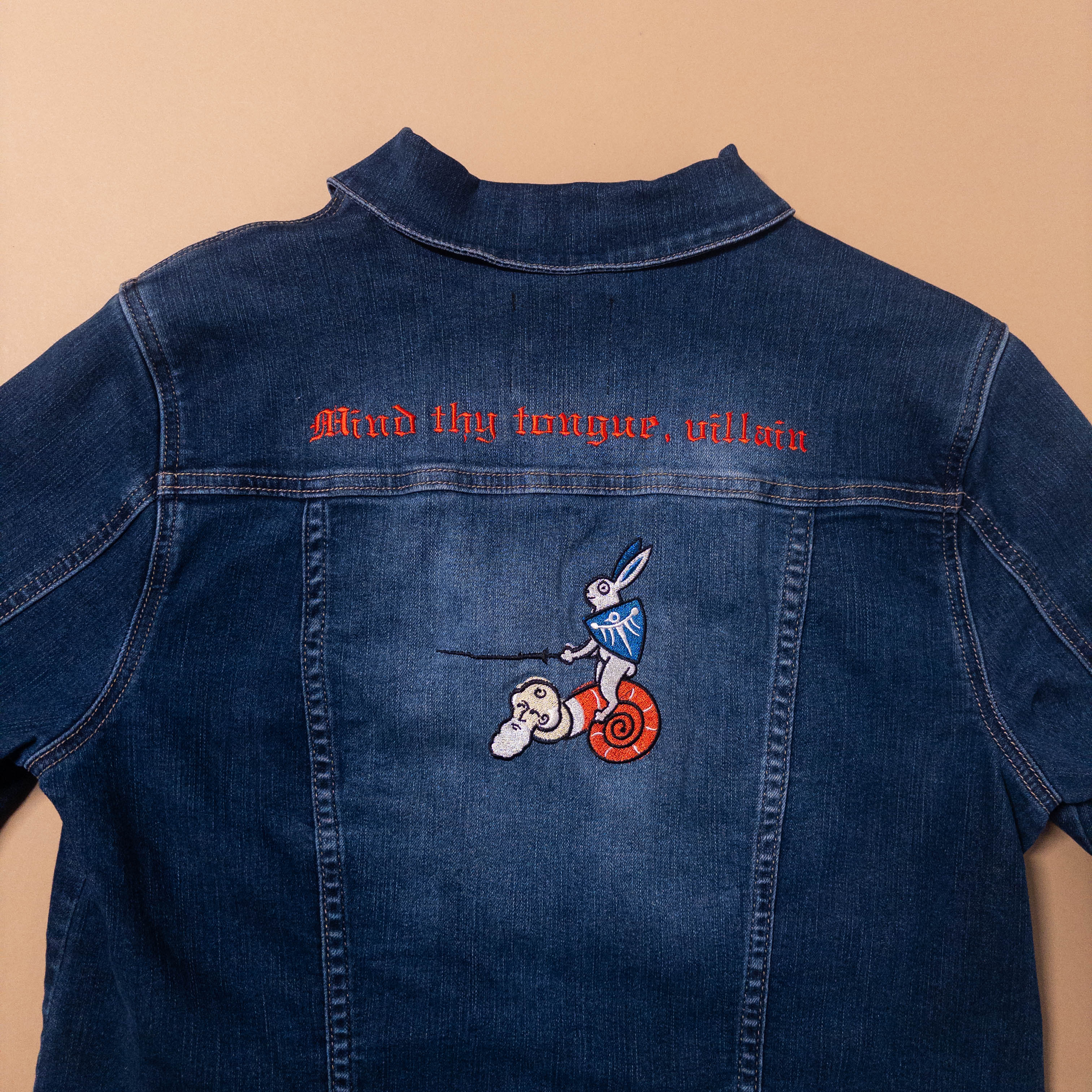 Medieval Rabbit Riding Snail Creature Upcycled Jean Jacket