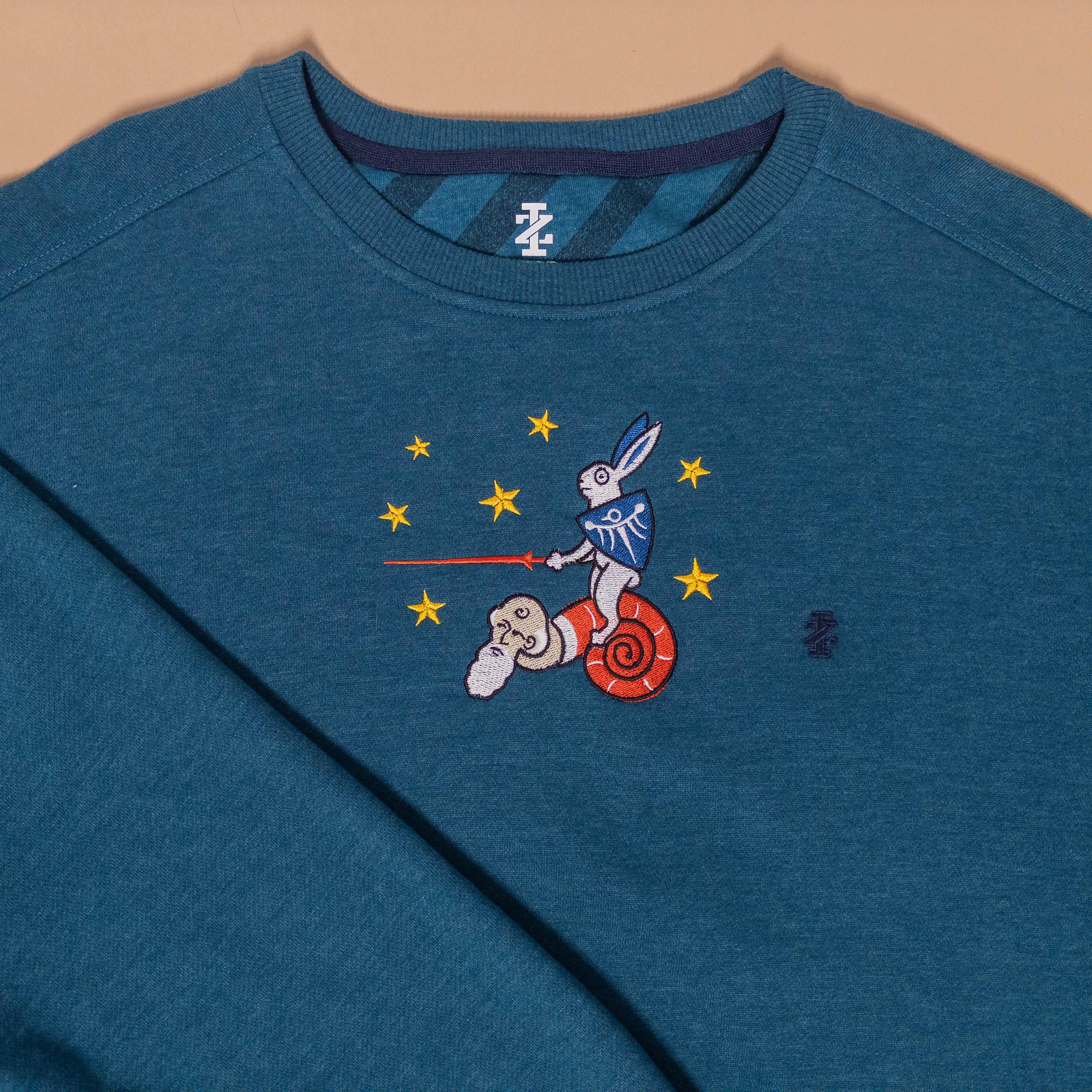Rabbit Riding Snail Medieval Crewneck in Teal