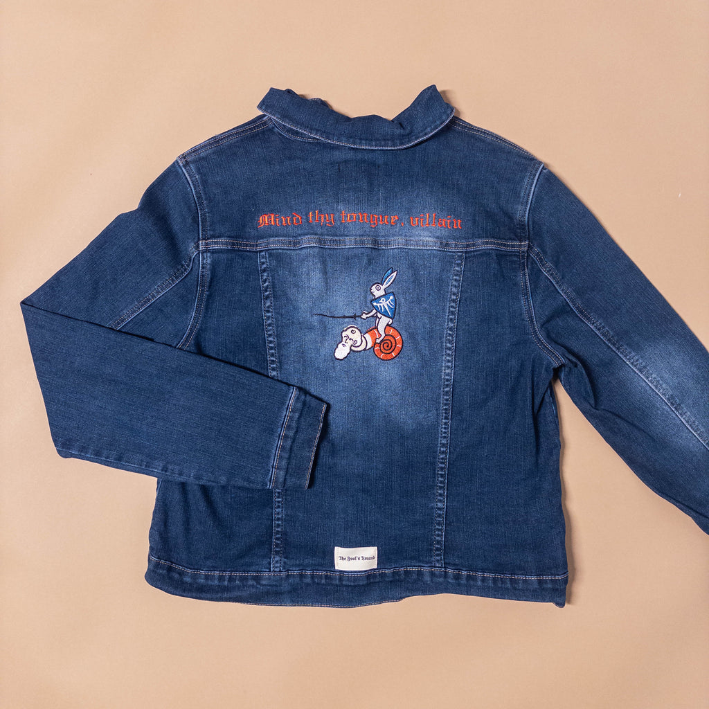 Medieval Rabbit Riding Snail Creature Upcycled Jean Jacket