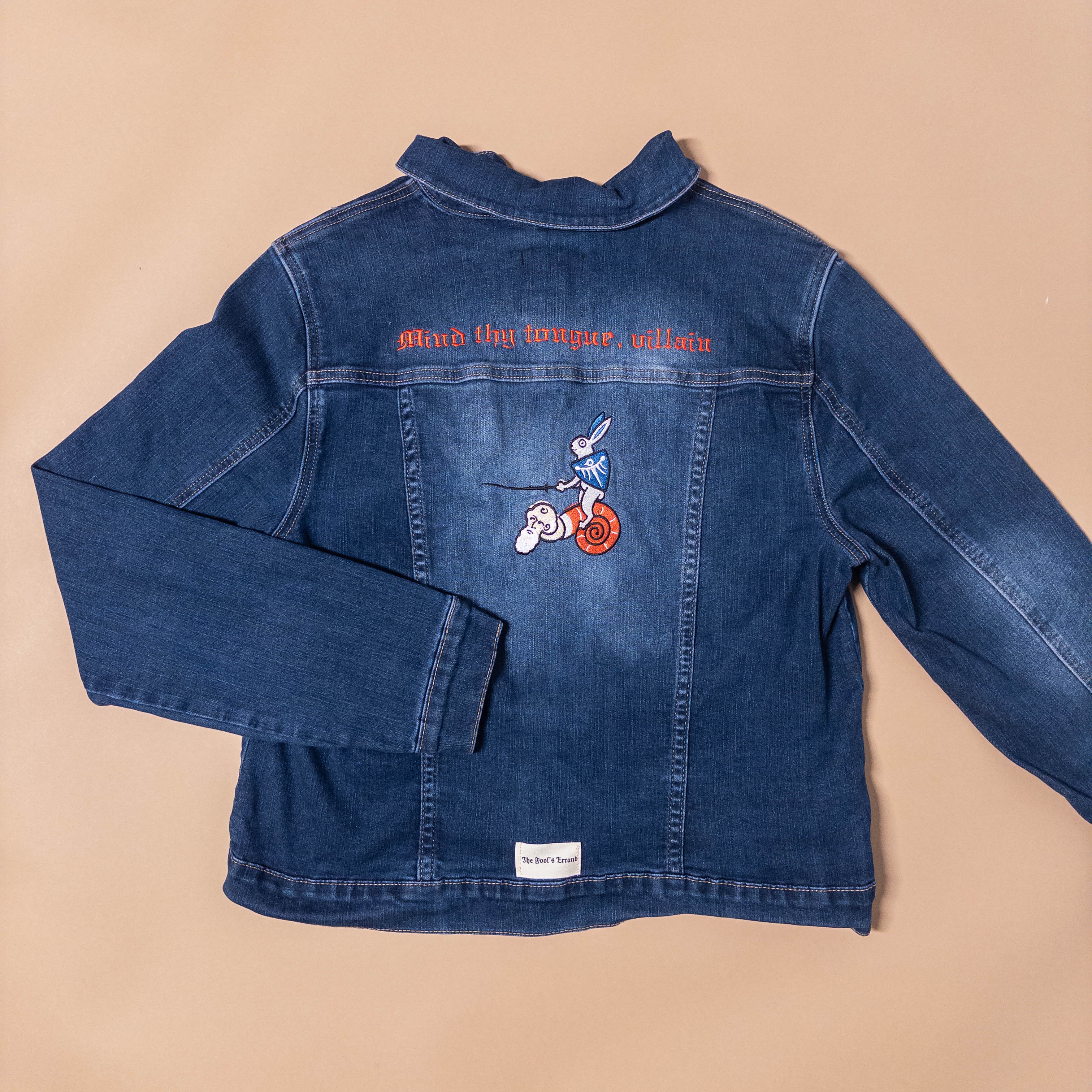 Medieval Rabbit Riding Snail Creature Upcycled Jean Jacket
