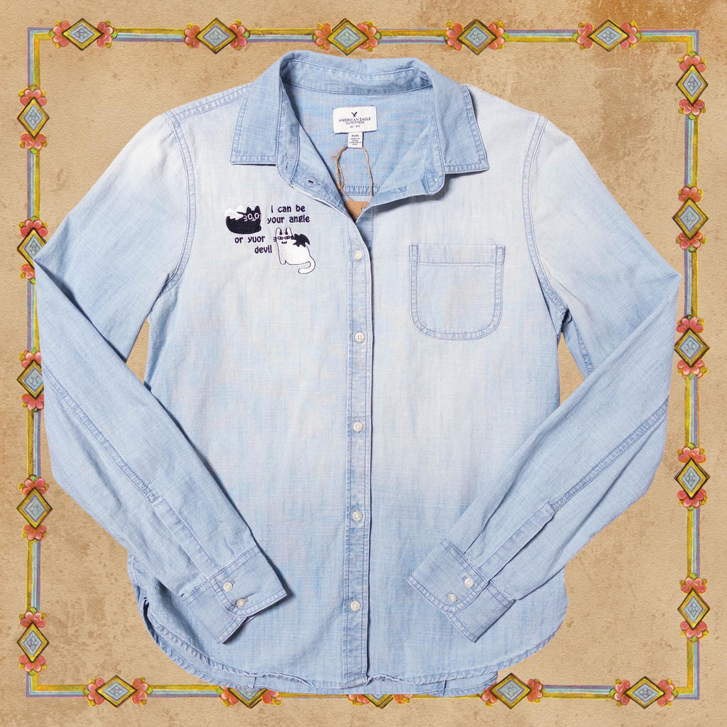 Angel or Devil Cat Denim Shirt