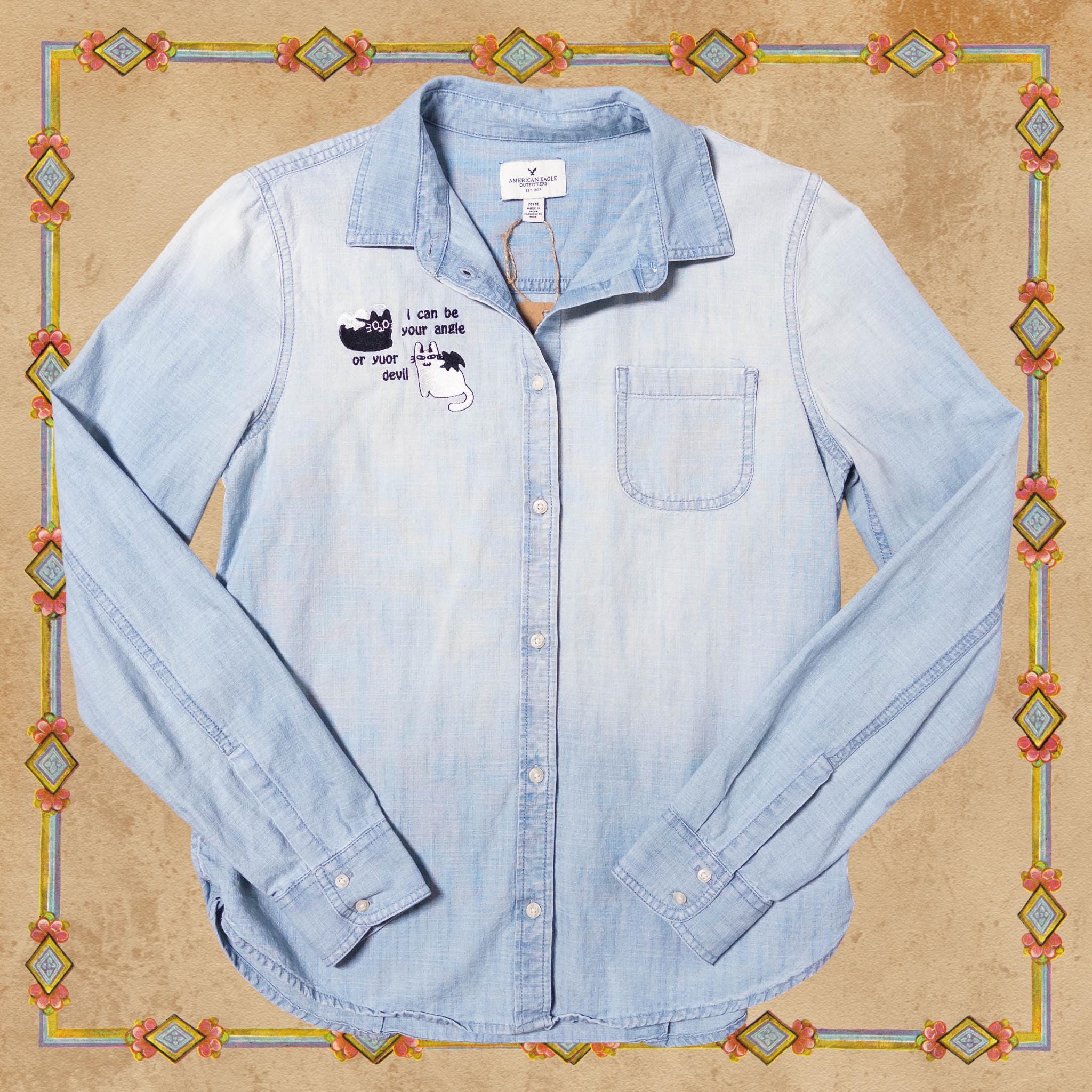 Angel or Devil Cat Denim Shirt